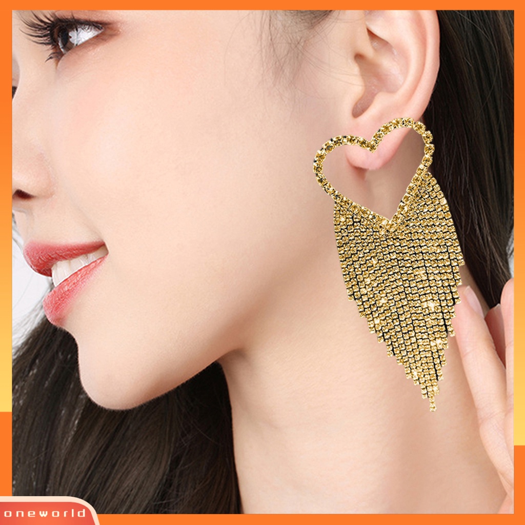 [EONE] 1pasang Drop Earrings Shining Long Tassel Glitter Semua Pertandingan Anti-Alergi Dekorasi Telinga Gaya Korea Temperamen Cinta Hati Penuh Berlian Imitasi Ear Studs Menjuntai Earrings