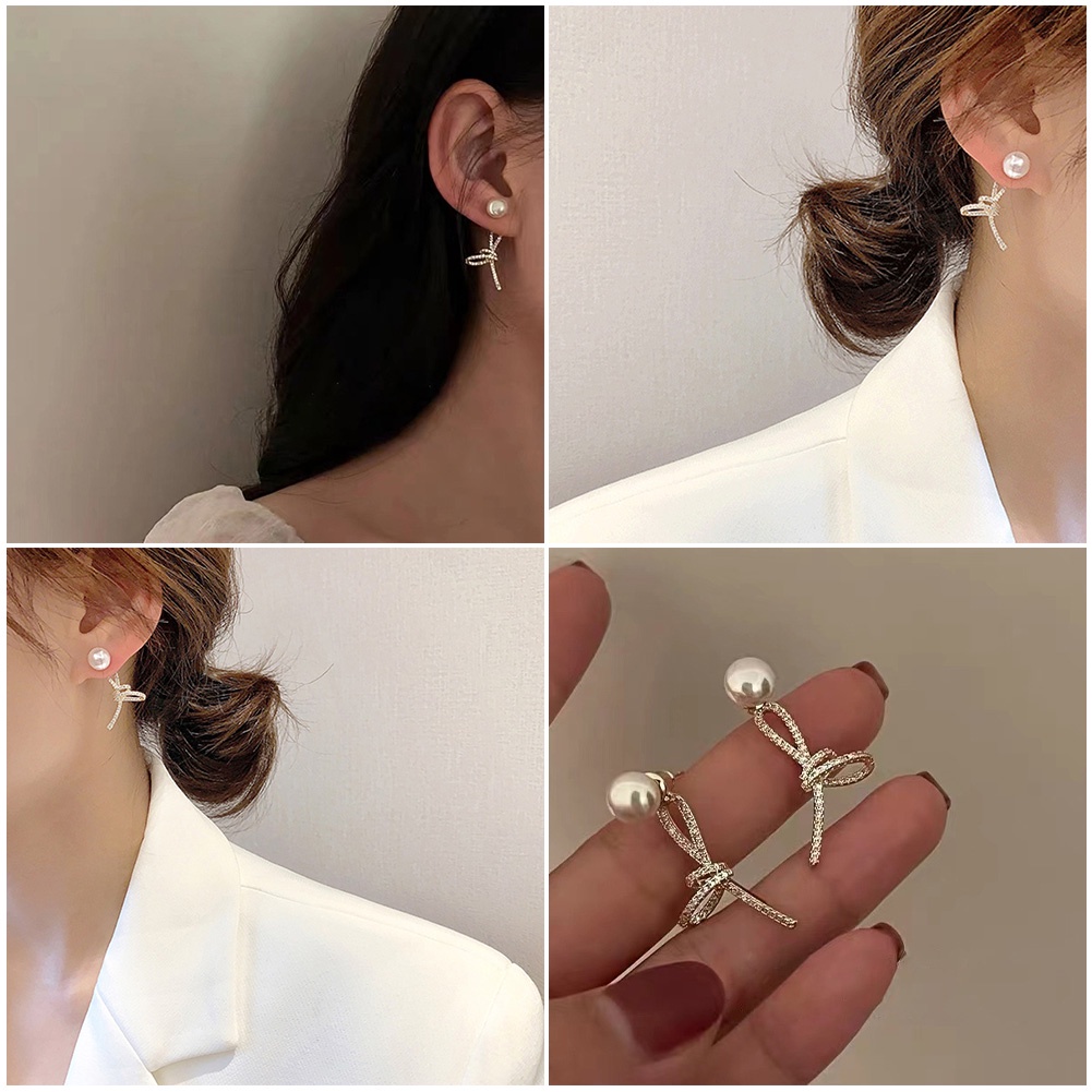 1pasang S925 Jarum Perak Korea Zirkon Anting Mutiara Untuk Wanita Gadis Temperamen Diikat Anting