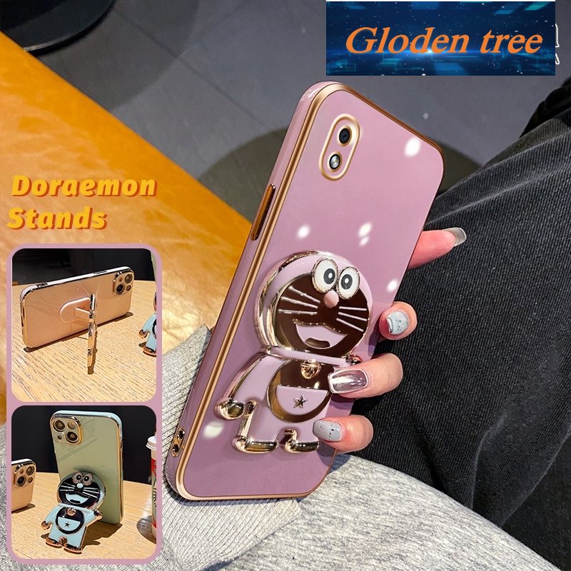 Gloden tree Casing Untuk Samsung galaxy A12 4G A12 5G M12 F12 M33 5G M53 5G Case Fashion Kartun Doraemon Lipat Stand Phone Case Electroplating Shockproof Phone Holder Case