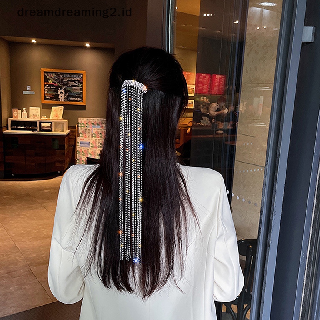 (dream) Bling Rhinestones Rantai Panjang Hairwear Hadiah Klip Jepit Rambut Untuk Wanita Perempuan Perhiasan//