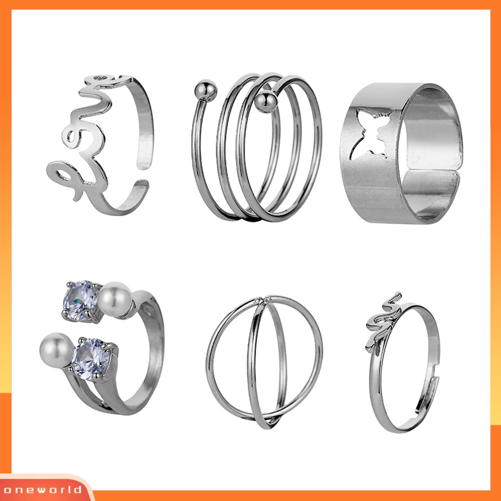 [EONE] 6 Pcs Jari Cincin Huruf Kupu-Kupu Mutiara Imitasi Pria Wanita Pembukaan Adjustable Ins Style Rings Fashion Jewelry