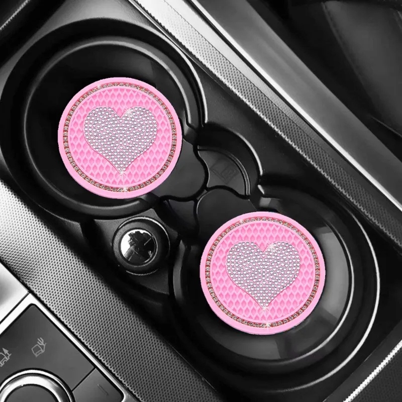 Creative Heart Rhinestone Inlay PVC Car Round Coaster/Otomotif Honeycomb Anti-slip Cup Pad/Alas Botol Minum Interior Kendaraan Universal