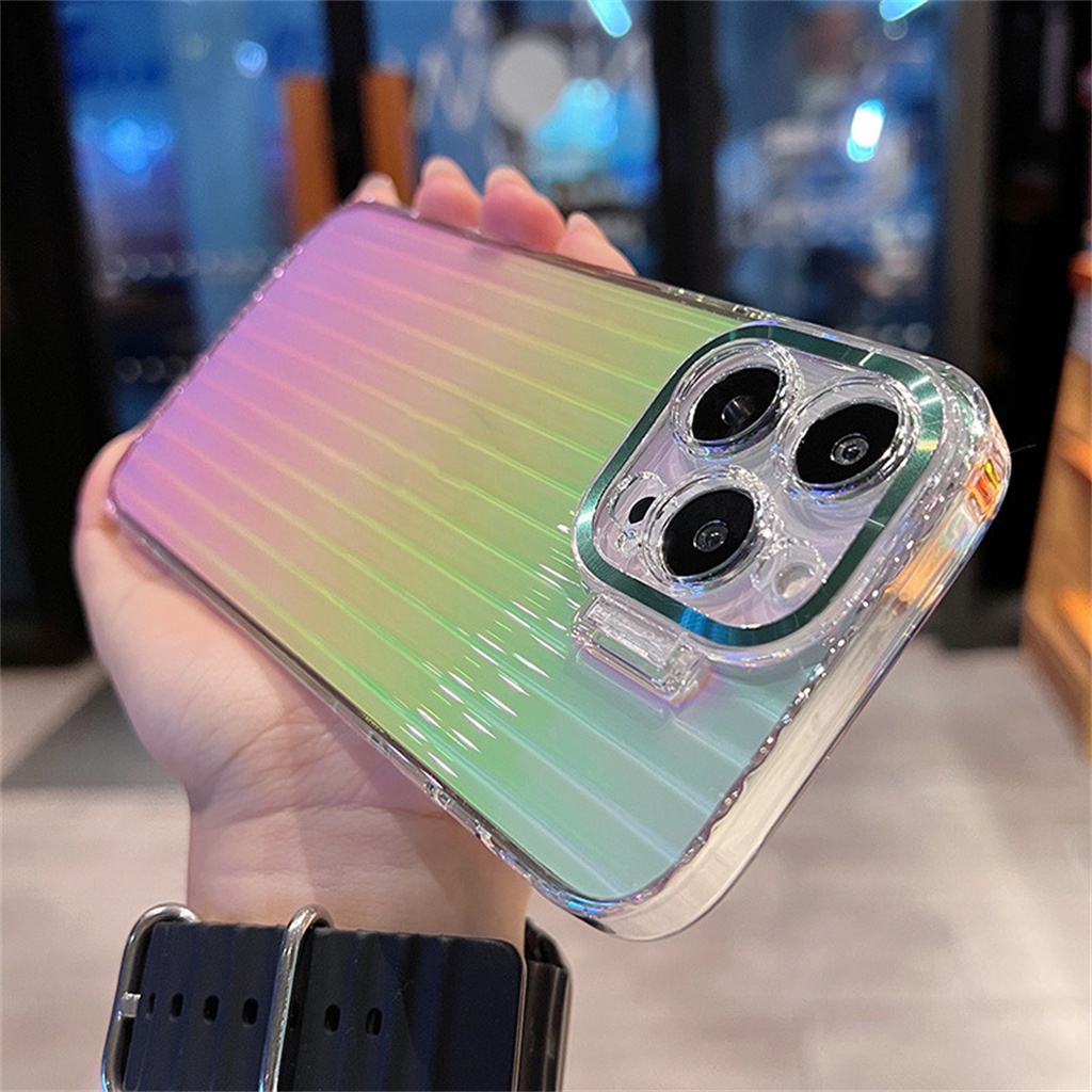 Casing Lensa Pelindung Kamera Mewah iPhone 14 Pro Max Dengan stand case Iphone12 13 Pro Max14 Plus laser Transparan Kreatif Perlindungan shock hard back cover