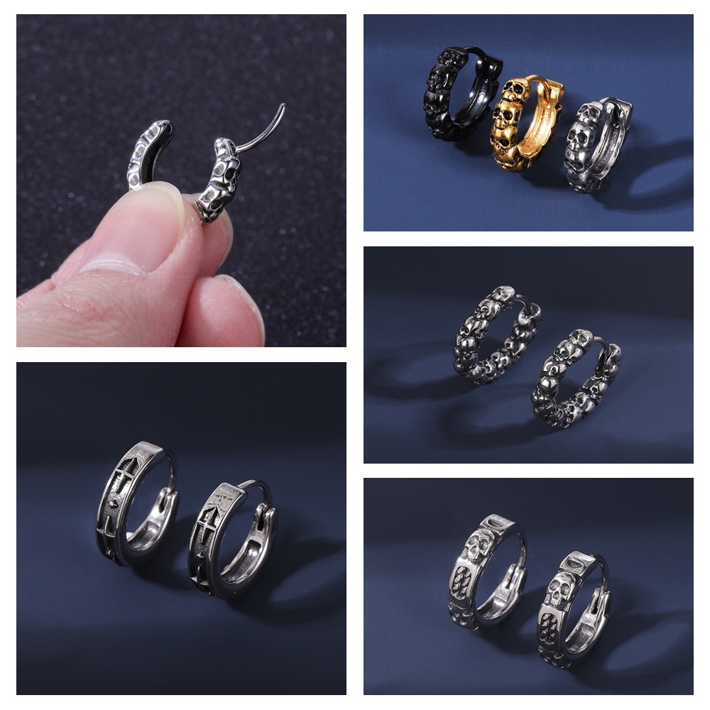 1pasang Stainless Steel Punk Anting Tengkorak Cross Hoop Earrings Ular Kelelawar Anting Bulat Korea Drop Earrings Tindik Tulang Rawan
