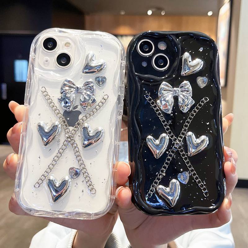 【Resin Case】3D Silver Love Bow Silicone Case for IPhone X XS XR XS Max 11 13 12 14 PRO Max 14 Plus Clear IPhone Case Ice Cream Casing hp iPhone 13 pRO MAX