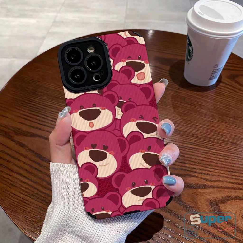 Luxury Leather Texture Lovely Phone Case Kompatibel Untuk iPhone 7Plus 8Plus XR X11 14 13 12 Pro MAX XS MAX Kartun Strawberry Bear Manyo Shockproof Soft Silicon Cover