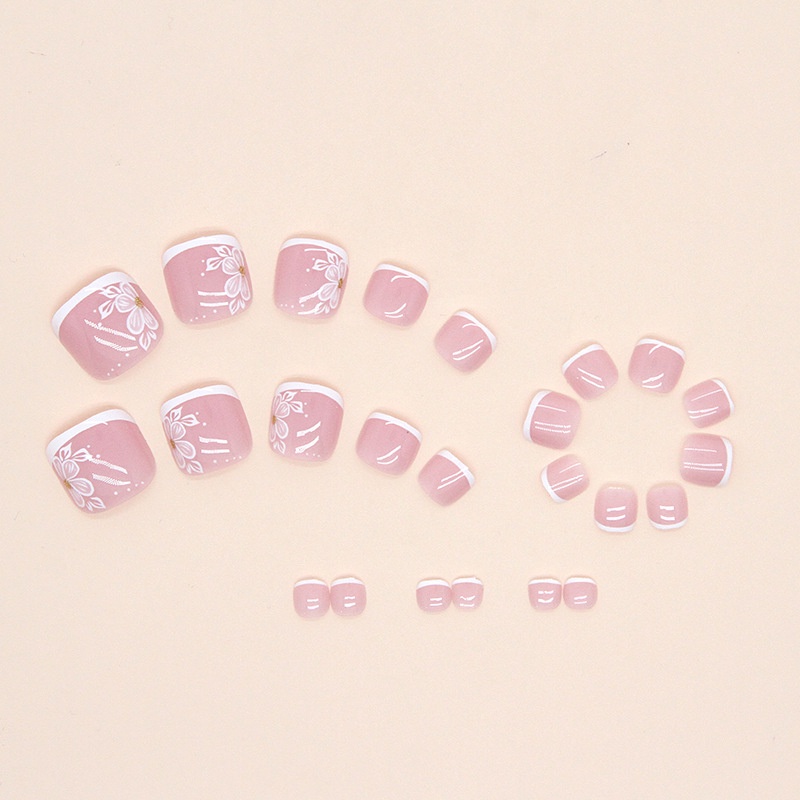 Bunga Putih Pink Gaya Perancis Kuku Palsu Kaki Kuku Palsu F066