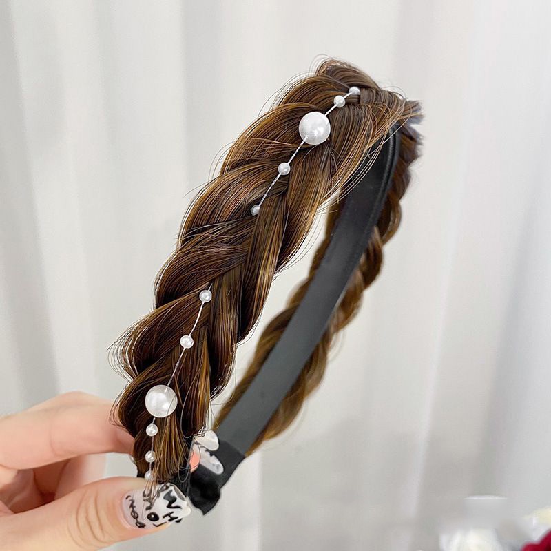 Jepang Korea Gaya Baru Tulang Ikan Kepang Wig One-Piece Twist Braid Mutiara Rumbai Berkelas Ikat Kepala