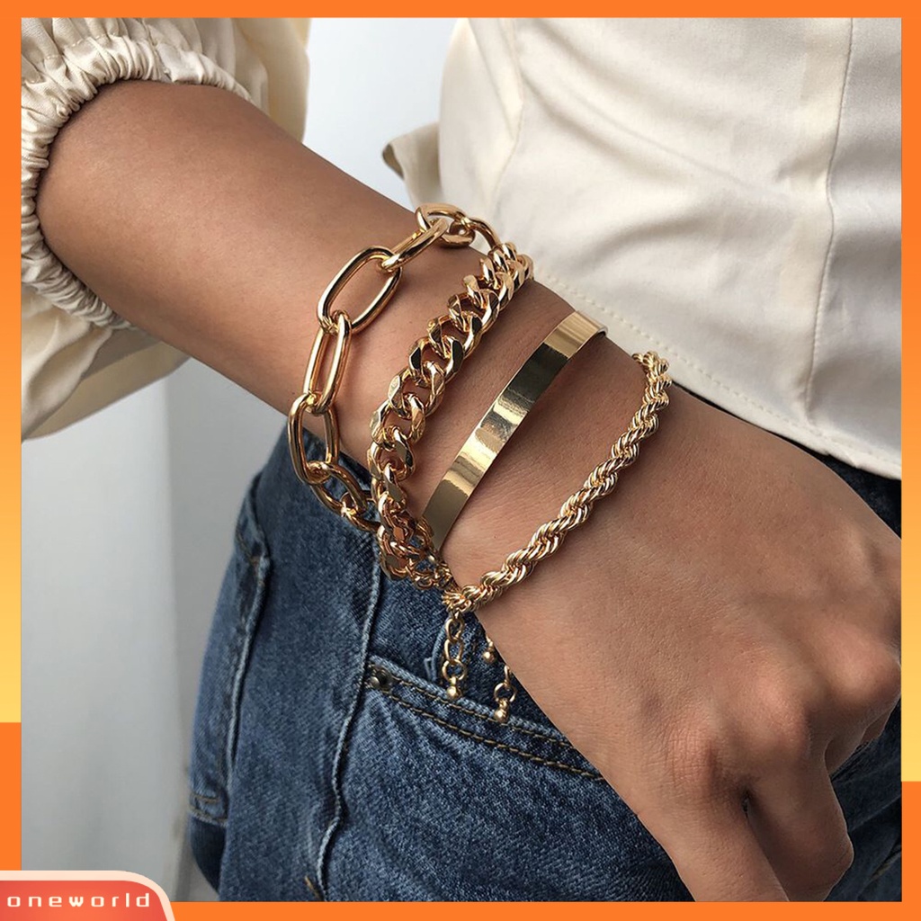 [EONE] 4pcs Wanita Gelang Electroplating Hias Kepribadian Multi-style Vintage Dekorasi Tahan Luntur Vintage Berlebihan Rantai Besar Gelang Perhiasan Aksesori