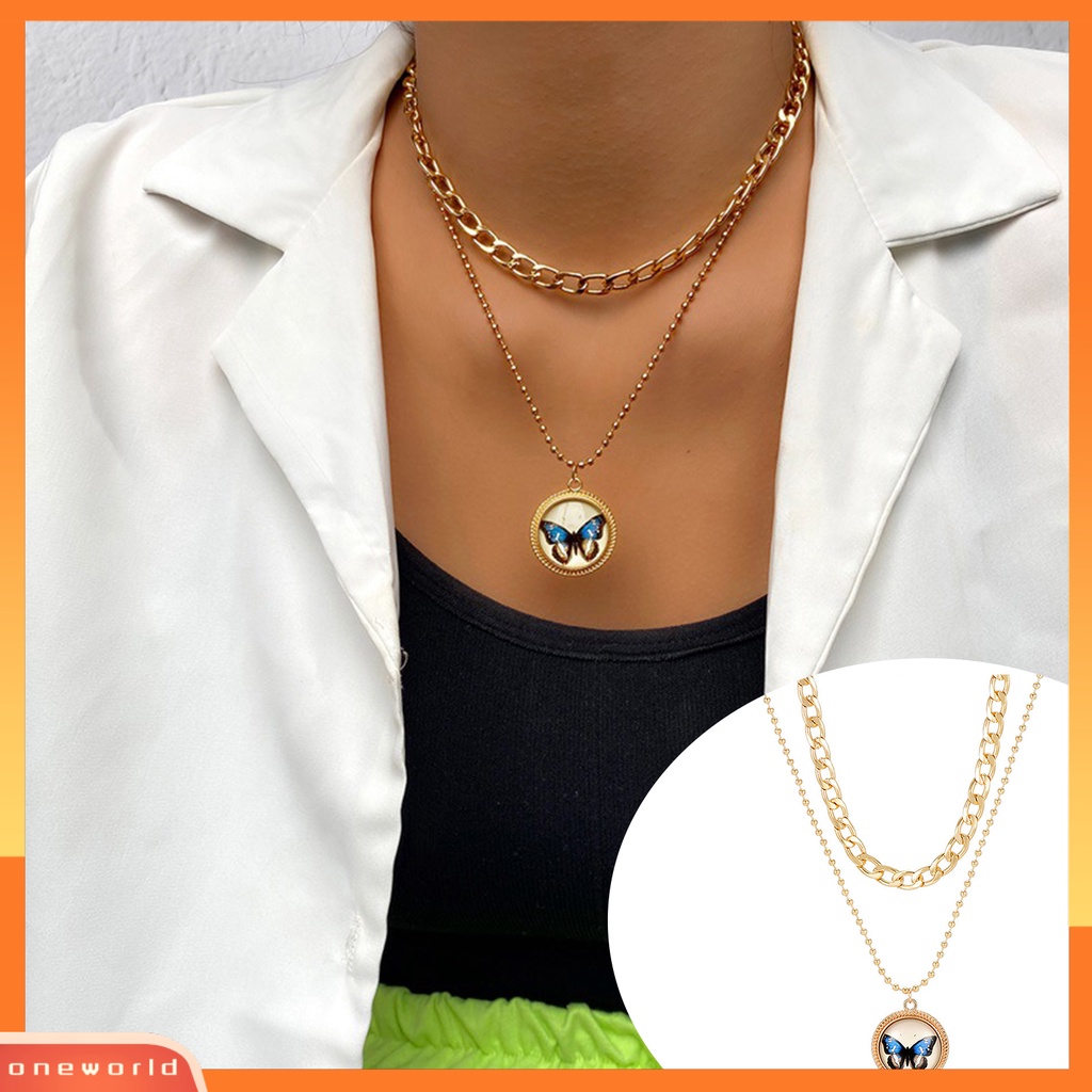 [EONE] Wanita Kalung Double Layer Retro Hias Kilau Terang Dapat Disesuaikan Perhiasan Hadiah Aksesori Gadis Kupu-Kupu Liontin Kalung Rantai Klavikula Untuk Pacaran