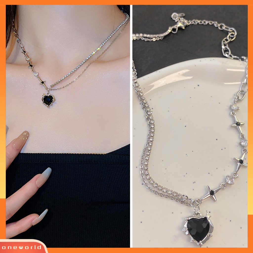[EONE] Wanita Kalung Dengan Liontin Hati Hitam Shiny Cubic Zirconia Hias Bintang Punk Asimetris Klavikula Kalung Fashion Perhiasan