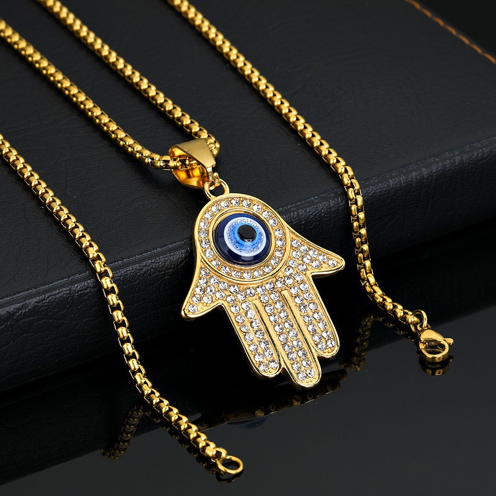 [X C Kalung] New Titanium Steel Vacuum Lapis Emas Fatima Beruntung Palm Devil's Eye Pendant Necklace Untuk Pria