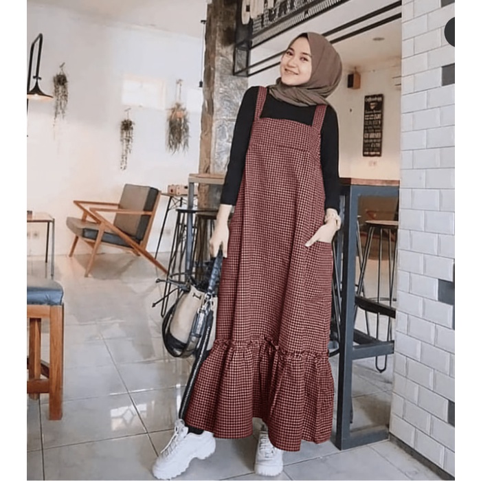 square overal gamis wanita  - motif kotak bahan katun tebal - coklat, dengan manset