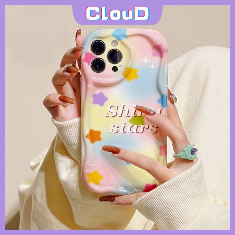 IPHONE Casing Kompatibel Untuk Iphone11 13 14 12 Pro Max 7Plus X XR 6s 6 7 8 Plus XS Max SE 2020 Gradasi Fantasi Bintang Mengkilap Huruf 3D Bergelombang Tepi Melengkung Glossy Shockproof Tpu Soft Case