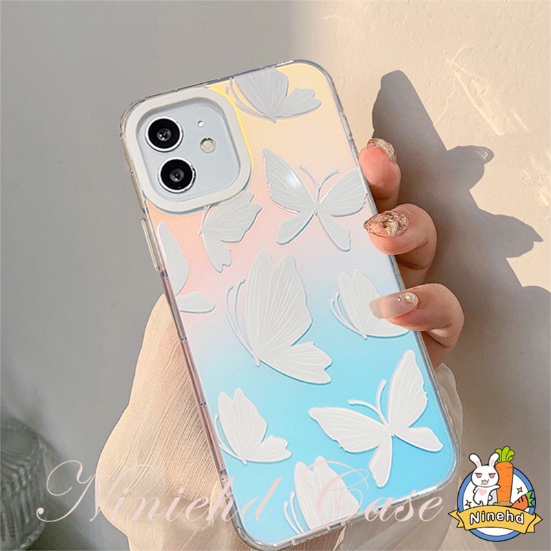 Kualitas Tinggi Laser IPhone Case Kompatibel Untuk Iphone14 13 12 11 Pro Max X Xr Xs Max 8 7 6 Plus SE 2020 Putih Kupu-Kupu Double-layer Printing Phone Case Shockproof Soft TPU Cover