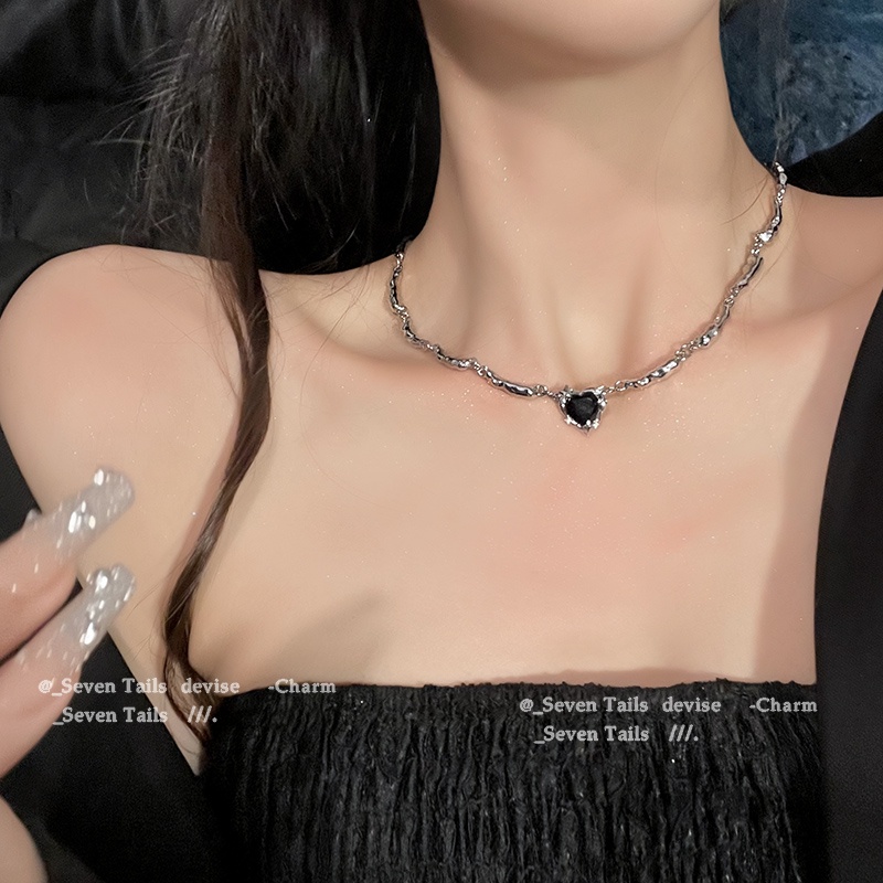 Ifyou Fashion Kalung Perak Larut Cair Choker Rantai Hati Hitam Untuk Aksesoris Perhiasan Wanita