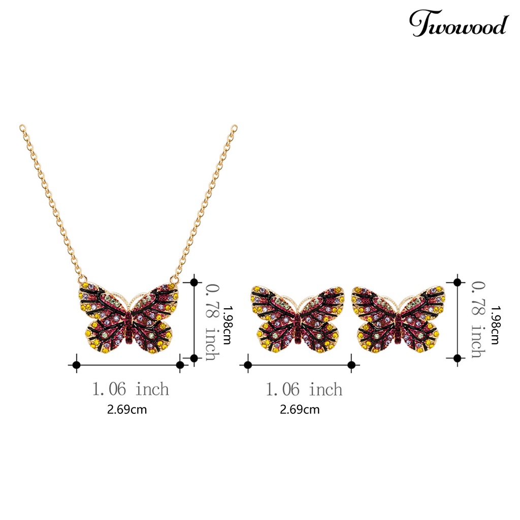 Twowood 1set Set Perhiasan Bersinar Kupu-Kupu Berbentuk Temperamen Menarik Kilau Terang Dekorasi Electroplating Lady Dress Leher Rantai Anting Wanita Aksesori