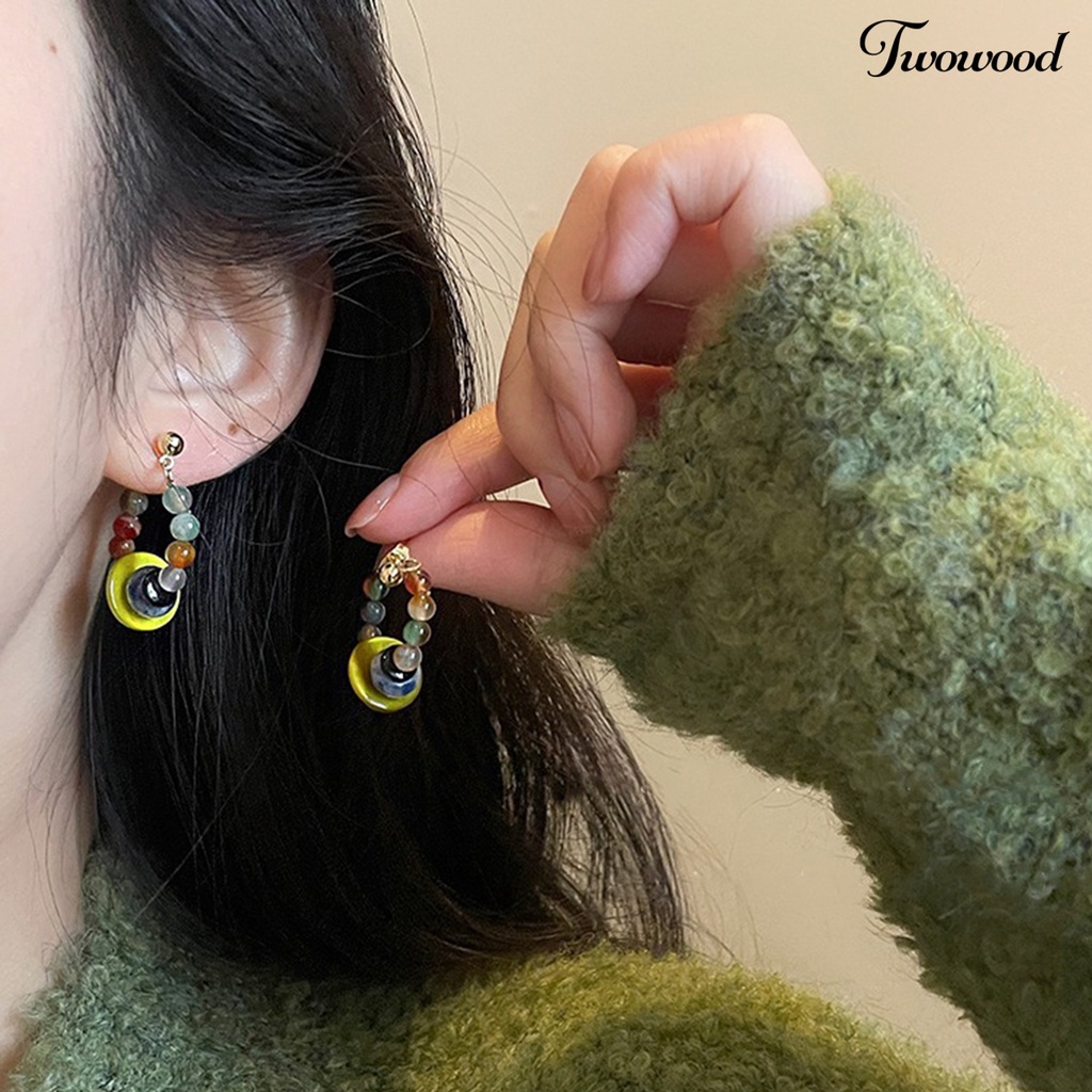 Twowood 1pasang Ear Studs Vintage Gaya Etnik Manik-Manik Berwarna Electroplating Glossy Dress Up Hypoallergenic Alloy Hoop Stud Menjuntai Anting Fashion Perhiasan