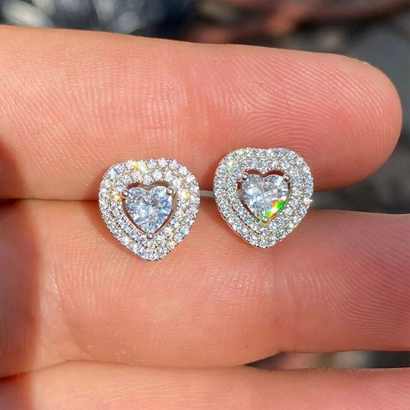 Brilliant Heart Cubic Zirconia Stud Earrings Untuk Wanita Pernikahan Pertunangan Cinta Aksesoris Hadiah Indah Perhiasan Fashion