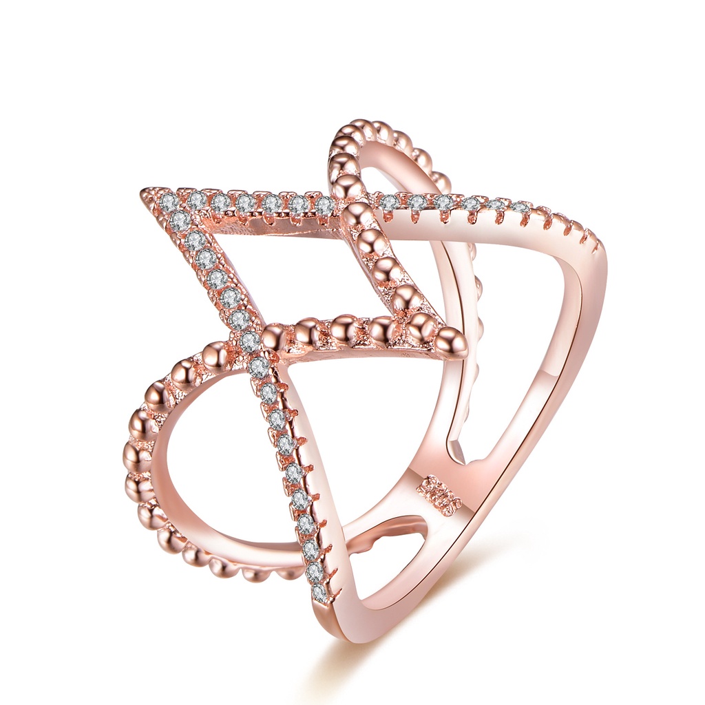 Goldkingdom Aksesoris Perhiasan Fashion Ready Stock, Cincin Garis Berlian Berlapis Emas Mawar Yang Dipersonalisasi Berbentuk V Cross Band