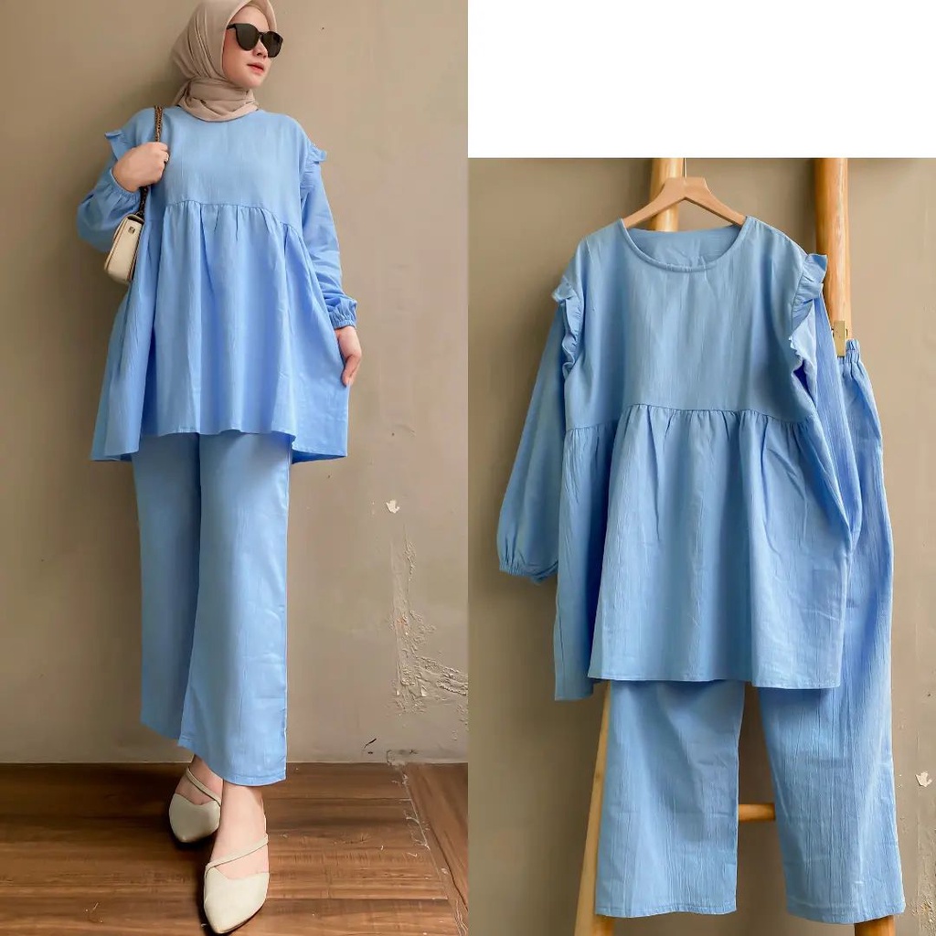 GAMIS STORE | Daiva One Set Wanita l Setelan Fit To XL Besar Cringkle Airflow Polos Basic OOTD Stelan Muslim