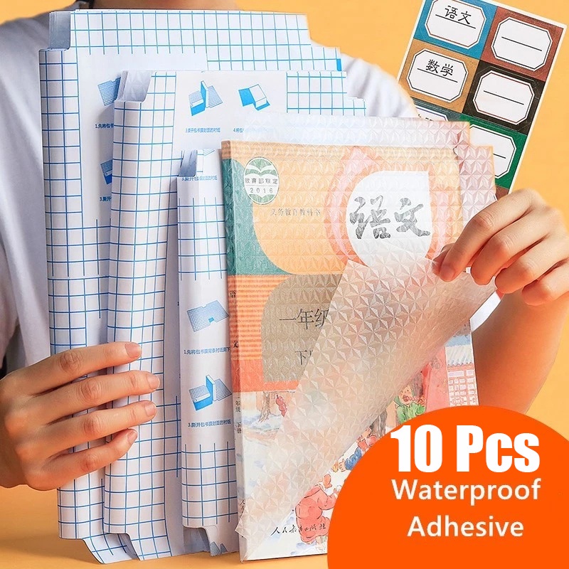 10 Pcs Self Adhesive Covering Book Film Dengan 10 Pcs Stiker Nama Sampul Buku Teks Perlengkapan Sekolah Transparan Tahan Air Film Textbook Case Siswa Pembungkus Pelindung