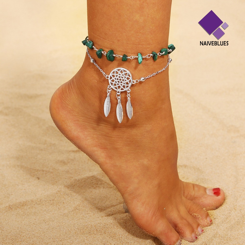 &lt; Naiveblues &gt; Wanita Multilayer Dream Catcher Faux Turquoise Beaded Foot Anklet Bracelet