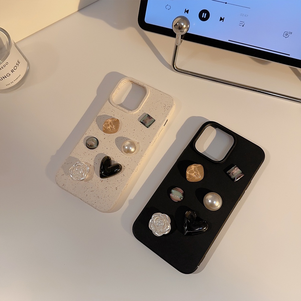Ins Krem Hitam Camelia Permata Silikon Case Untuk Iphone SE 2020 7 /8 Plus 14x XR XM 11 12 MINI 13 PRO MAX Casing Cover Pelindung AT0303