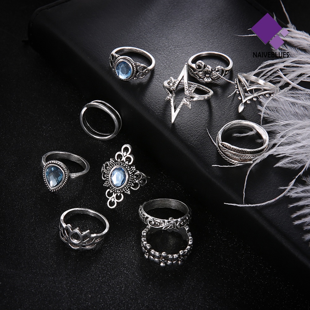 &lt; Naiveblues &gt; 11Pcs Wanita Retro Berongga Berlian Imitasi Knuckle Midi Finger Tip Joint Ring