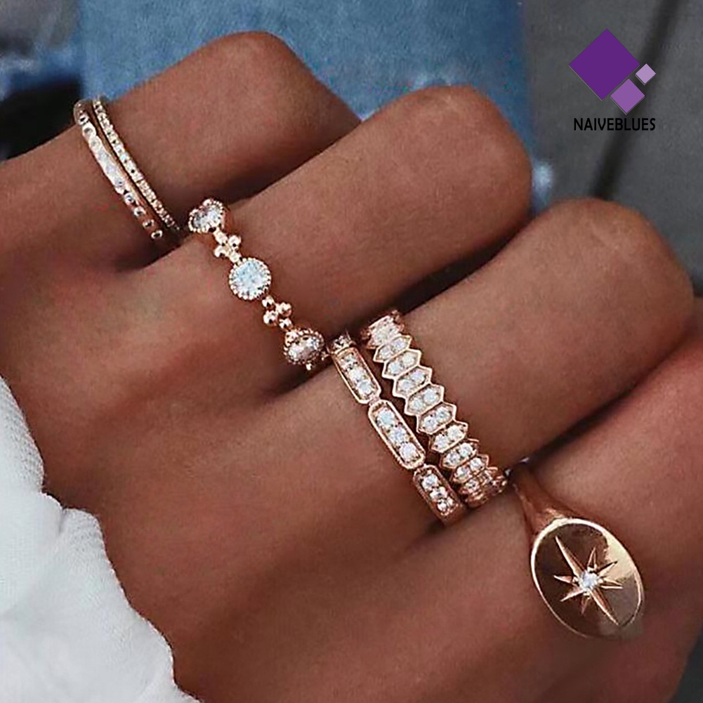 &lt; Naiveblues &gt; 6Pcs/Set Fashion Wanita Matahari Berlian Imitasi Bertatahkan Jari Cincin Perhiasan Pesta