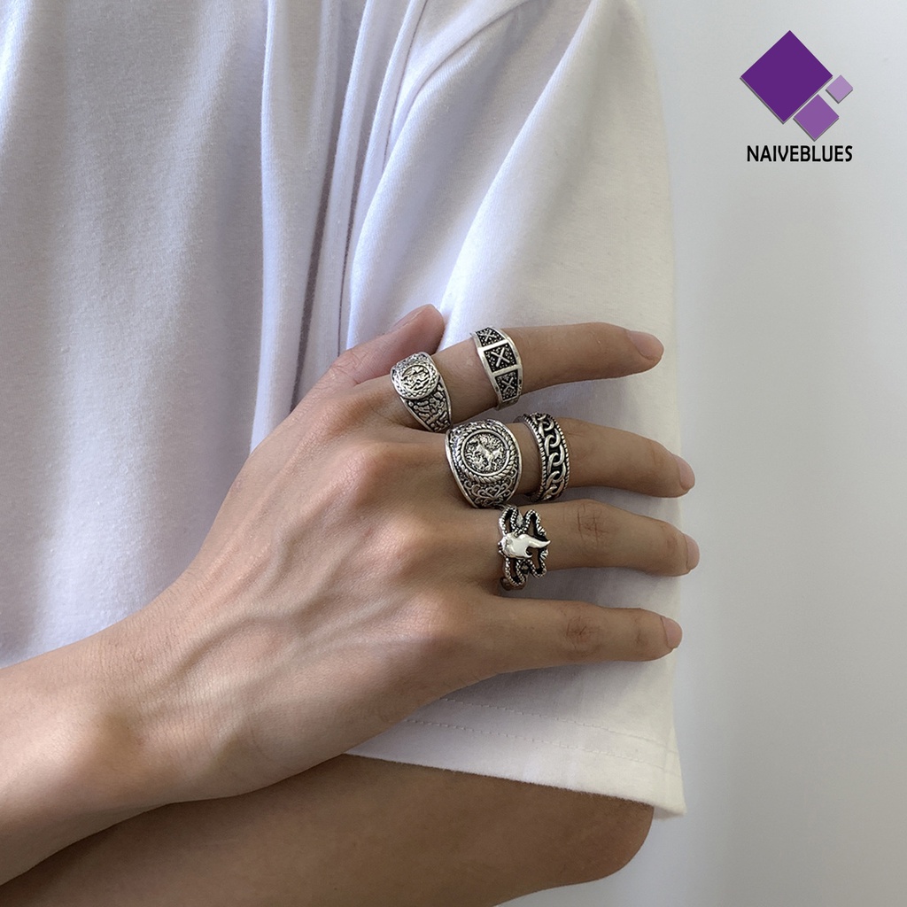 &lt; Naiveblues &gt; 5Pcs/Set Cincin Buku Jari Pola Halus Geometris Mewah Retro Dekorasi Perhiasan Vintage Gothic Joint