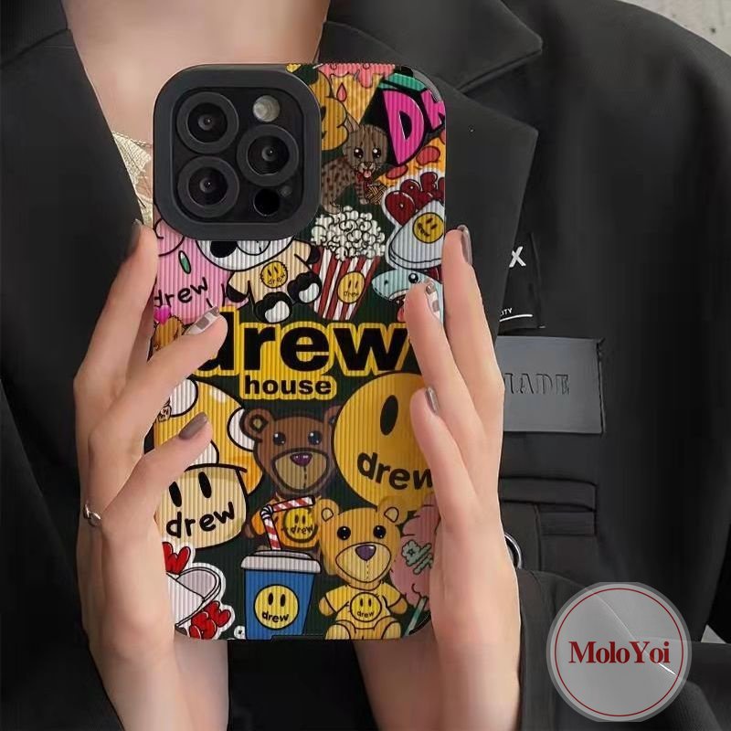 Mewah Tekstur Kulit Lembut Tpu Shockproof Phone Case Kompatibel Untuk IPhone XR XS X Max 7Plus 11 14 13 12 Pro Max7 8 Plus 11 Pro Max Trendi Merek Drew House Kartun Smile Cover