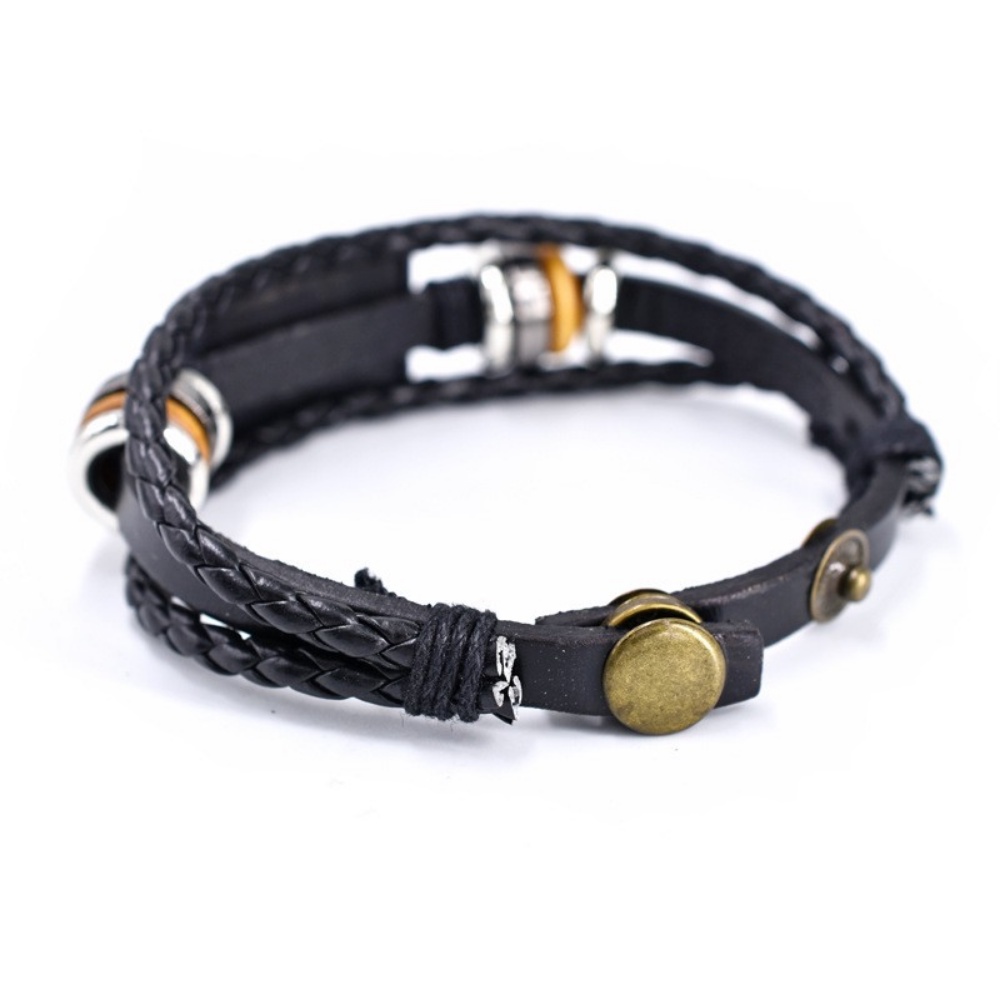 [X C Gelang] Baru Hindu AUM Gelang Kulit Hitam Vintage Hip Hop Punk Gelang Kulit Lengan Manik-Manik Multilayer Zinc Alloy Anyaman Gelang