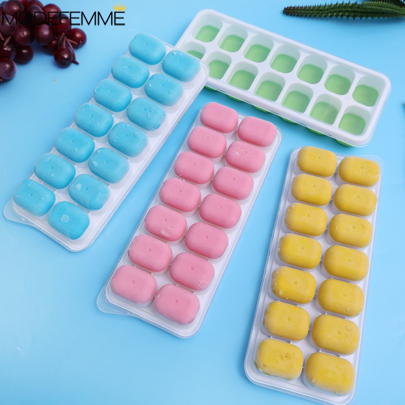 [Unggulan] 14kisi Cetakan Ice Tray Kotak Es Batu Buatan Sendiri Bentuk Es Batu Aksesoris Dapur Alat Cetakan Es Loli DIY Mudah Demoulding Kotak Es Silikon Ice Lattice Dengan Tutup Alas Lembut