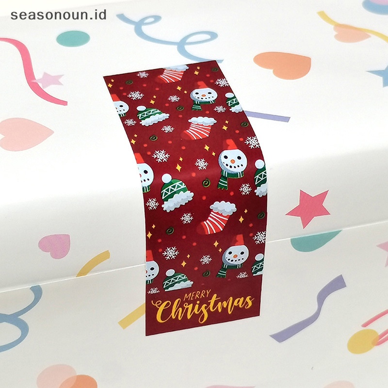 Seasonoun 100Pcs/roll Merry Christmas Stiker Dekorasi Label Alat Tulis Stiker Pola Persegi Paket Hadiah Penyegelan Stiker Perekat Diri Yang Dipersonalisasi Stiker Natal Untuk Dec