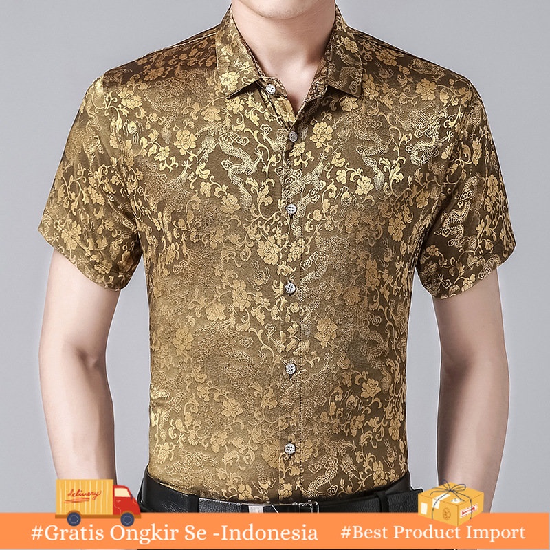 Kemeja Pria Kemeja Motif Bunga Pria, Musim Panas Kasual Bercetak Setengah Lengan Gaya Tiongkok Satin