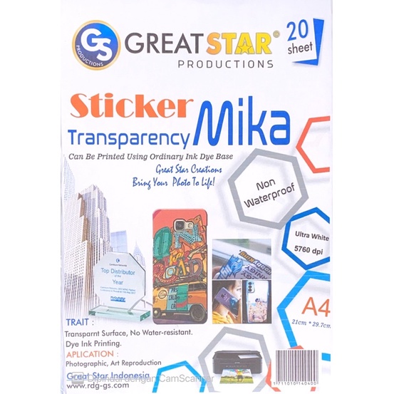 

STICKER TRANSPARANT MIKA/STICKER PET FILM A4/20 lembar(for dye ink)