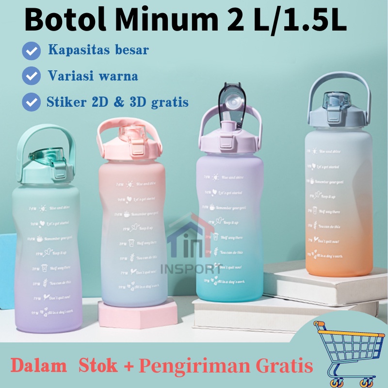 【READY STOCK】Botol Minum Kekinian 2 Liter Botol Minum Viral Botol Pelangi Motivasi botol minum korea tik tok botol minum gradiasi 2liter bonus stiker 2d 3d