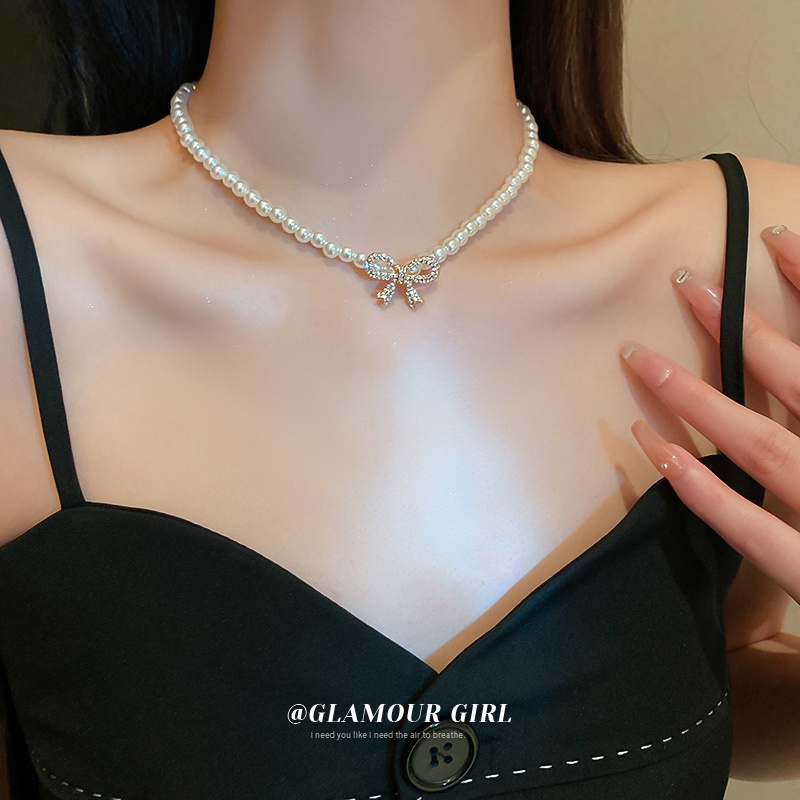 Ifyou Kalung Klavikula Busur Kristal Mewah Choker Rantai Manik Mutiara Untuk Aksesoris Perhiasan Wanita