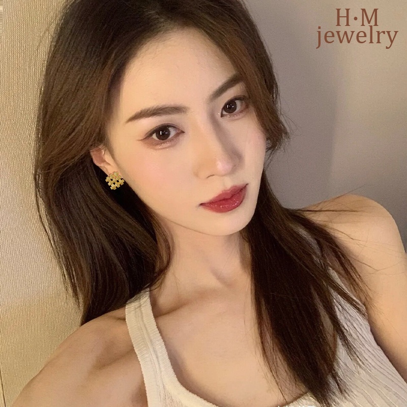 S925 Perak Geometris Persegi Anyaman Stud Anting-Anting Sederhana Elegan Bermutu Tinggi Koil Nyamuk Telinga Klip