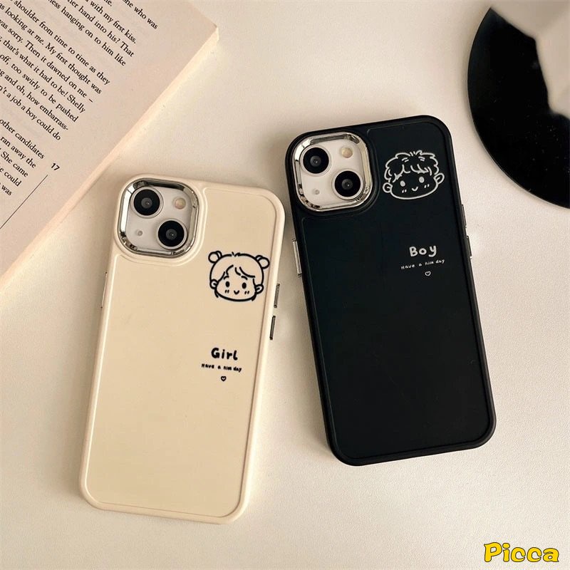 IPHONE Casing Frame Lensa Logam Plating Mewah Kompatibel Untuk Iphone7 8plus11 13 14 12 Pro MAX X XR XS MAX 7plus 8plus Kartun Pasangan Lucu Cowok Cewek Lembut Penutup Belakang