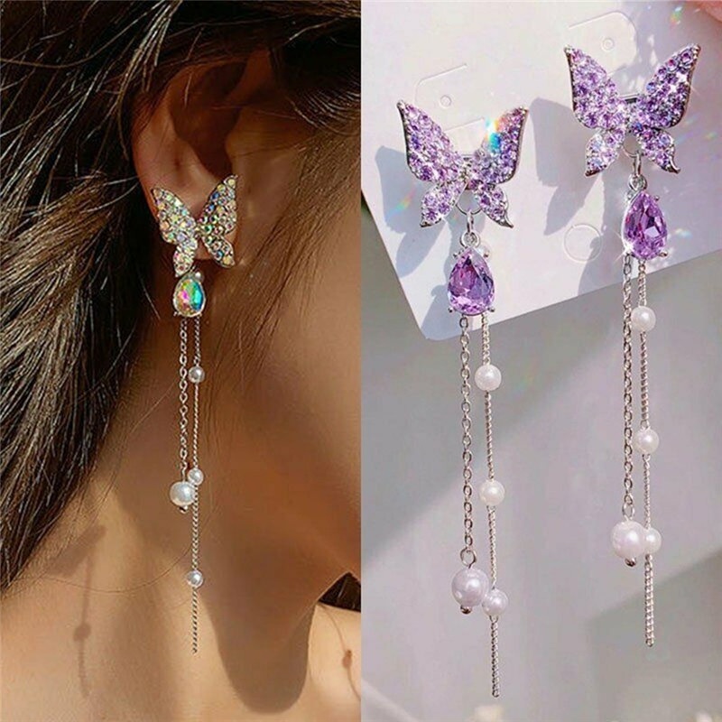 RRNS 221 Anting Hijab Wanita Tusuk Kupu-Kupu Mutiara Kristal Women Earrings Korea Aksesoris Fashion