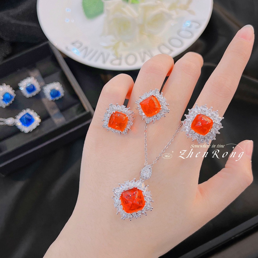 Goldkingdom Aksesoris Perhiasan Fashion Ready Stock Zamrud Cincin Cahaya Mewah Retro Warna-Warni Set Anting Liontin Kalung