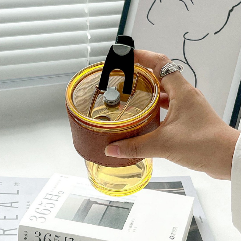 Gelas Kaca Coklat/Bening dengan Sleeve Tahan Panas 400ml - Tumbler dengan Sedotan - Tumbler Estetik