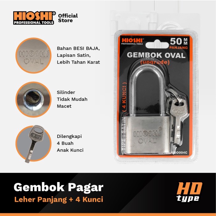 HIOSHI /Gembok Oval/LEHER PANJANG/Besi/Baja/Pagar/Satin/30 40 50 60 mm/Blister/Kunci 4bh - HD