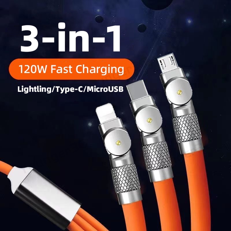 6a 180°Rotasi Kabel Pengisian Super Cepat 120W Zinc Alloy Charging Cord 3in1 Rotating Silicone Charging Wire Untuk ios Tipe C Android