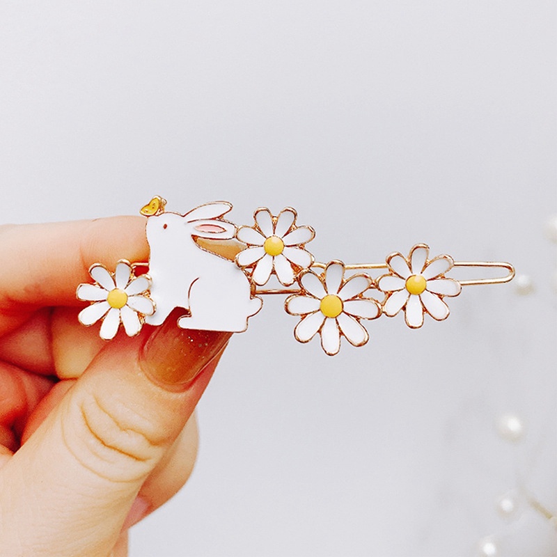 Jepit Rambut Daisy Lucu Segar Fun White Rabbit Flower Enamel Hairpin Fairy Girl Aksesoris Rambut Untuk Wanita