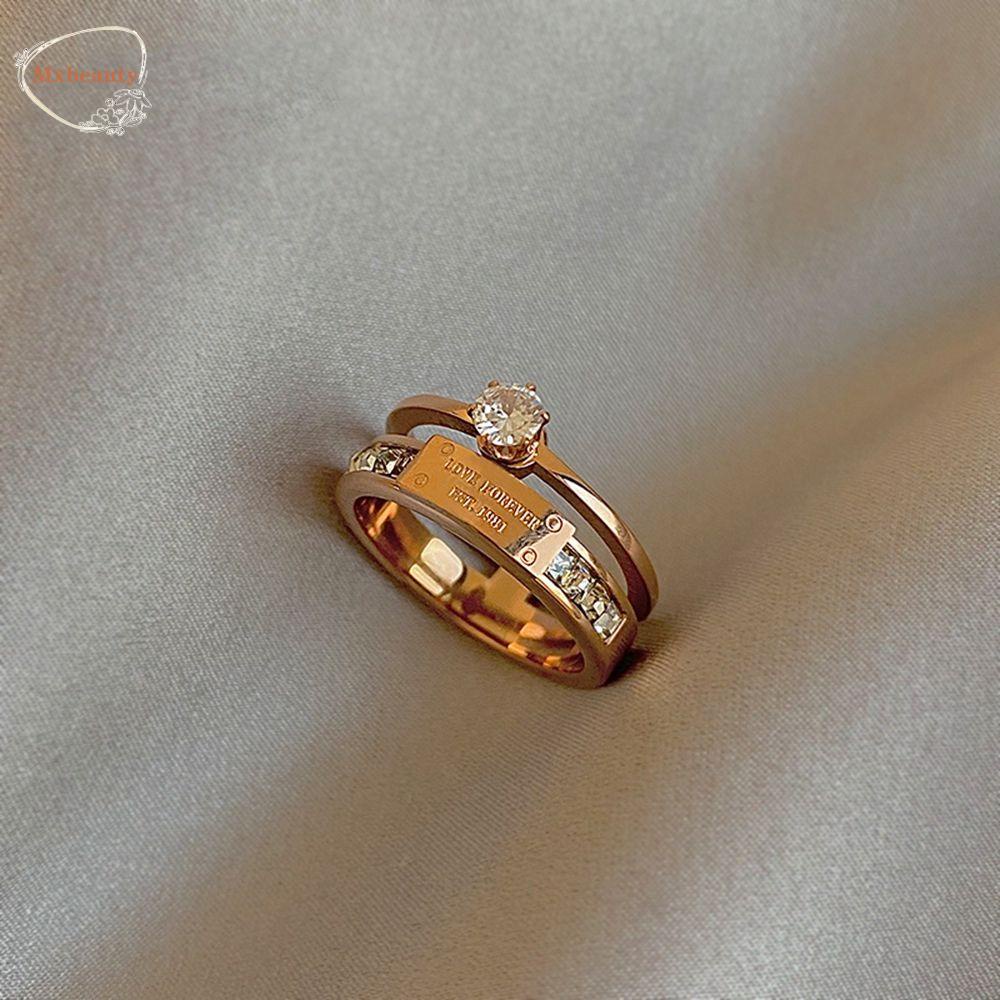 Mxbeauty Cincin Baja Titanium Kepribadian Trendi Wanita Perhiasan Geometri Berongga Berlian Zirkon Perempuan Jari Cincin