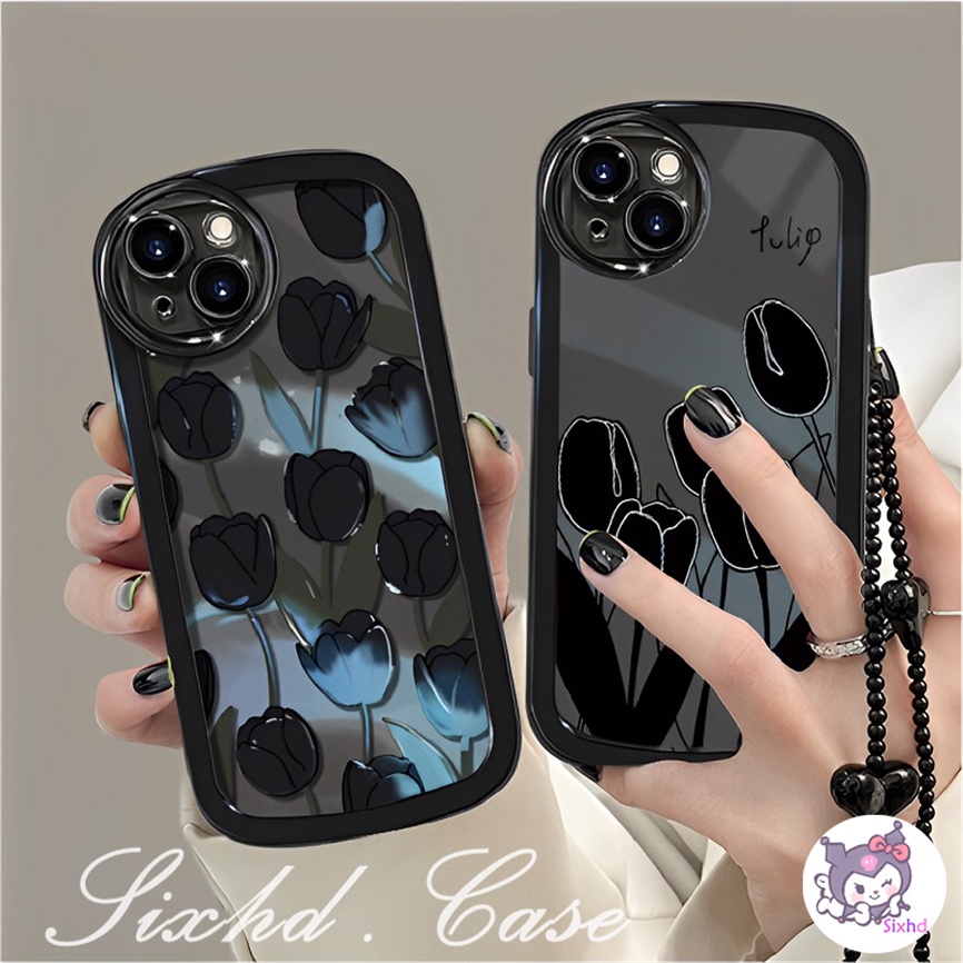 IPHONE Kompatibel Untuk Iphone8 7Plus X Xs Xr Untuk Iphone11 14 13 12 Pro Max SE 2020 Xs Max Fashion Tulip Hitam Silikon Oval Kamera Ponsel Case Soft Cover