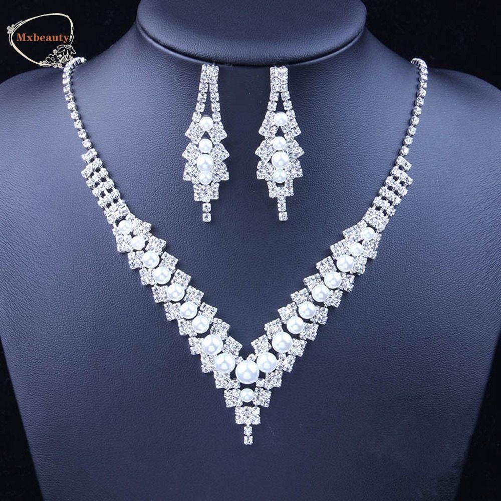 Mxbeauty Set Perhiasan Pernikahan Pengantin Halus Vintage Hadiah Anniversary Elegan Rumbai Berlian Imitasi Beads Menjuntai Anting